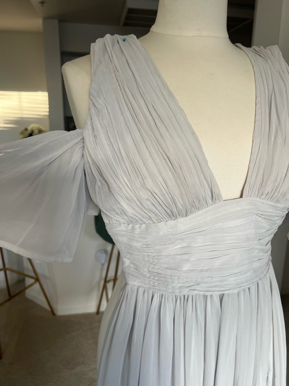 French Connection Light Gray One-Shoulder Pleated Chiffon Dress